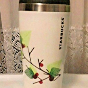 2011 Stainless Steel 16oz Travel Tumbler White Pine Tree Branch Red Berries